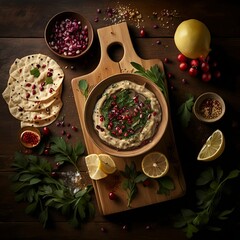 A photo of a bowl of baba ghanoush dip topped with a sprinkle of pomegranate seeds and a drizzle of olive oil, served with warm pita bread.