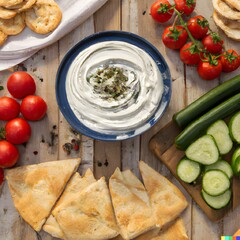 A photo of a bowl of tzatziki dip served with sliced cucumbers, tomatoes, and pita bread for dipping.