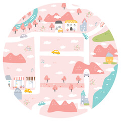 Fototapeta premium 桜が舞い散る春色の街並みイラスト円形