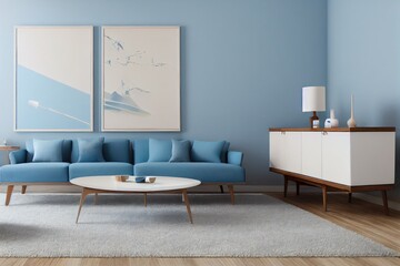 Fototapeta na wymiar Pastel Spring Blue Mid Century Modern Living Room Mockup with Wall Art Made with Generative AI