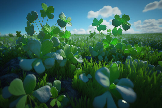 A field of shamrocks under a blue sky created with Generative AI technology