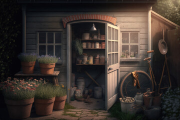 A potting shed with gardening tools and pots created with Generative AI technology
