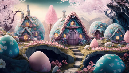 Easter Party in Enchanted Valley with Fairytale Cottages - a magical wallpaper background, rosy hues, and a soft touch that creates a magical and fairy-tale atmosphere in pastel colors