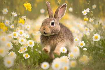 Fototapeta premium A bunny hopping through a field of daisies created with Generative AI technology
