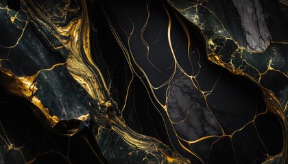 Fototapeta premium Majestic Marbling: A Black Marble Texture with Golden Veins, AI Generative