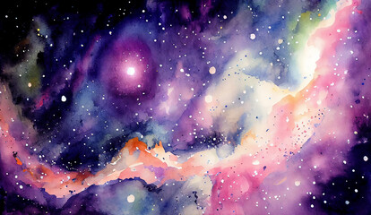 Obraz na płótnie Canvas Abstract space galaxy watercolor night sky background with stars and nebulas. Generative AI.