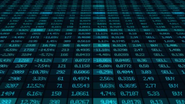 Stock market exchange information with data of price change and volume. Financial indexes of companies change up and down on ticker board. Trading risk and finance investment concept.