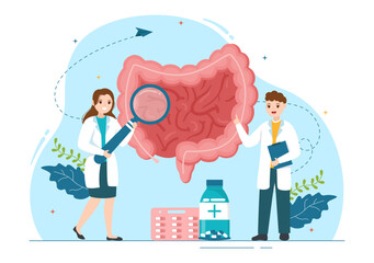 Proctologist or Colonoscopy Illustration with a Doctor Examines of the Colon and Harmful Bacteria in Cartoon Hand Drawn for Landing Page Templates - obrazy, fototapety, plakaty