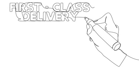 One continuous line of First-Class Delivery text written with a pencil, felt tip pen. Thin Line Illustration vector concept. Contour Drawing Creative ideas.