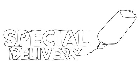 One continuous line of Special Delivery text written with a pencil, felt tip pen. Thin Line Illustration vector concept. Contour Drawing Creative ideas.