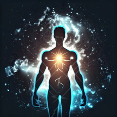 body silhouette with space and galaxy  background, milky way, spiritual life and belief, Made by AI, Artificial intelligence