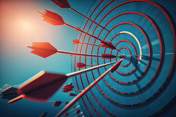 red darts arrows in the target with blue sky background, target or goal success, Made by AI, Artificial intelligence