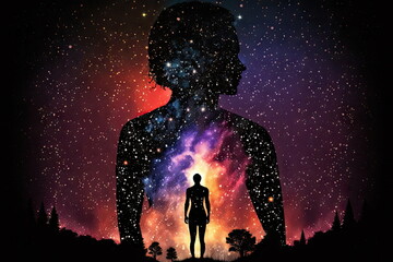 Fototapeta na wymiar body silhouette with space and galaxy background, milky way, spiritual life and belief, Made by AI, Artificial intelligence
