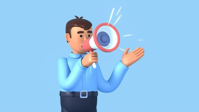 Cartoon style 3d animation of young man speaking with megaphone. Businessman making speech, announcement or warning