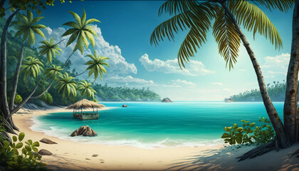 Fototapeta na wymiar Tropical beach with palm trees generative ai