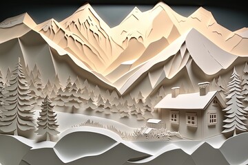 Landscape with log cabin, pine trees and frozen mountains, in paper cutout style. Generative AI