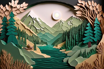 Landscape with mountains, river and pine forest made from paper cutout. Generative AI