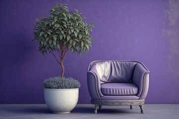Illustration of lilac wall, armchair and potted plant. Generative AI