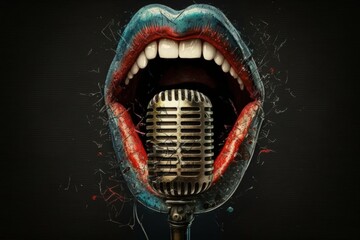 Digital illustration of mouth with microphone, podcat, background. Generative AI