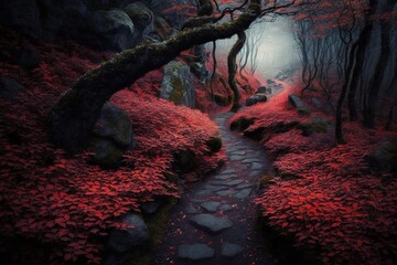Landscape with mystical forest and stone path and reddish vegetation. Generative AI