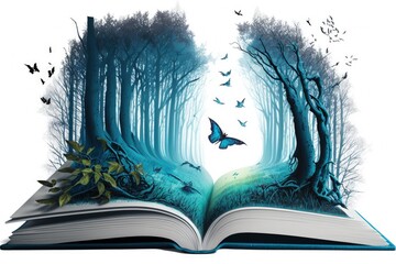 Illustration of open book with mystical forest with blue fog, white background. Generative AI