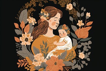 Illustration of a woman with a baby on her lap, background with flowers. Generative AI