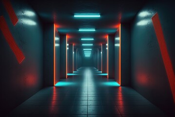 Constructed of concrete and neon lights, this corridor leads to a dark tunnel with a bare, neon- Generative AI