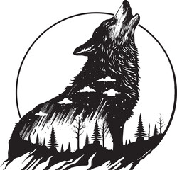 howling wolf illustration, howling wolf vector, howling wolf, black and white howling wolf illustration © PixelDreamer
