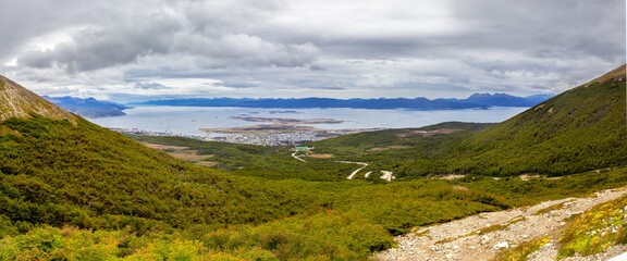 Beagle Channel Aerial Panorama Between Ushuaia and Isla Navarena.  Scenic Landscape, Tierra Del Fuego or Land Of Fires at extreme South end of American Continent
