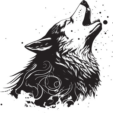 howling wolf illustration, howling wolf vector, howling wolf, black and white howling wolf illustration