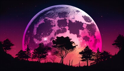 Fototapeta na wymiar A gradient background that fades from a deep shade of purple to a light shade of pink. In the foreground, there is a large, full moon that dominates the image.