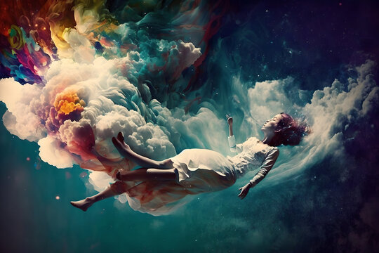 A surreal painting of a woman floating in the sky in her dream, with clouds of strong pastel and rainbow colors following her, dreamy and beautiful landscape, illustration of a peaceful dreamstate