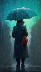 oil painting style spring rain under umbrella and rain coat Generative AI
