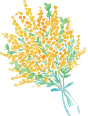 水彩画。水彩タッチの手描きの花束ベクターイラスト。春の花束挿絵。ミモザの花束。
Watercolor painting. Hand drawn bouquet vector illustration with watercolor touch. Spring bouquet illustration. Mimosa bouquet.