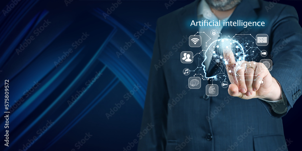 Poster ai, artificial intelligence in smartphone. chat bot interface, futuristic technology robot in online