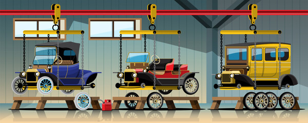 Fototapeta premium Vintage car waiting for repair and maintenance service vector illustration.