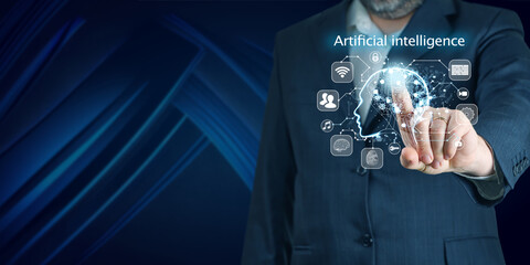 AI, Artificial Intelligence in smartphone. Chat bot interface, Futuristic technology robot in online. Software engineer using mobile by id touch on screen, coding with technology background