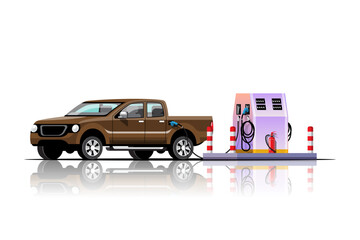 The pick up is filling up at the gas station vector illustration
