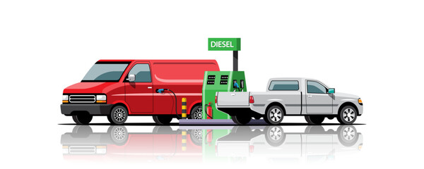 Van and pick-up car filling up at oil station vector illustration