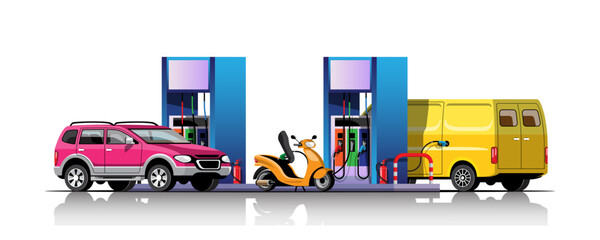 Car and motorcycle filling up at oil station vector illustration