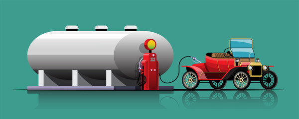 Vintage Car filling up at oil tank vector illustration - obrazy, fototapety, plakaty