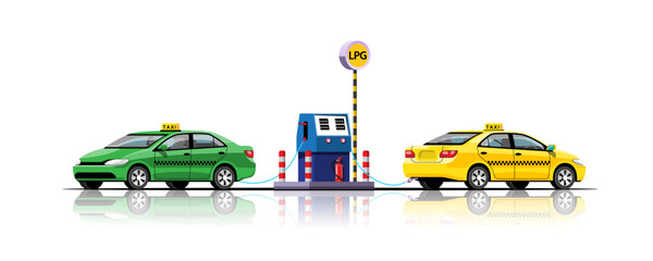Naklejka premium Taxi filling up energy at gas station vector illustration