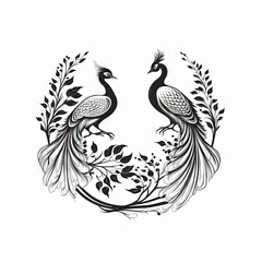 two peacocks black and white 2D minimalist luxury logo vector logo on white background Generative AI