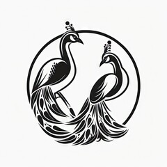 two peacocks black and white 2D minimalist luxury logo vector logo on white background Generative AI