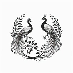 Obraz premium two peacocks black and white 2D minimalist luxury logo vector logo on white background Generative AI