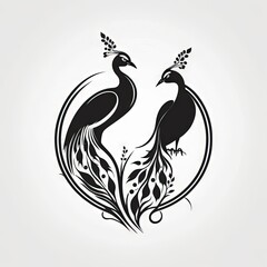 Fototapeta premium two peacocks black and white 2D minimalist luxury logo vector logo on white background Generative AI