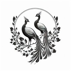 Naklejka premium two peacocks black and white 2D minimalist luxury logo vector logo on white background Generative AI