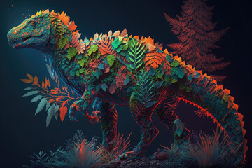 The colorful design of a dinosaur, leaves, forest, lush, green, colors, dinosaurs, fantasy, scifi, science, fiction,