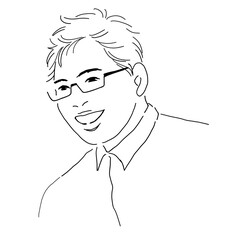 満面の笑顔のメガネをかけた男性のスケッチ風線画イラスト