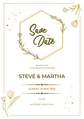 Minimalist wedding invitation template with gold hand drawn floral